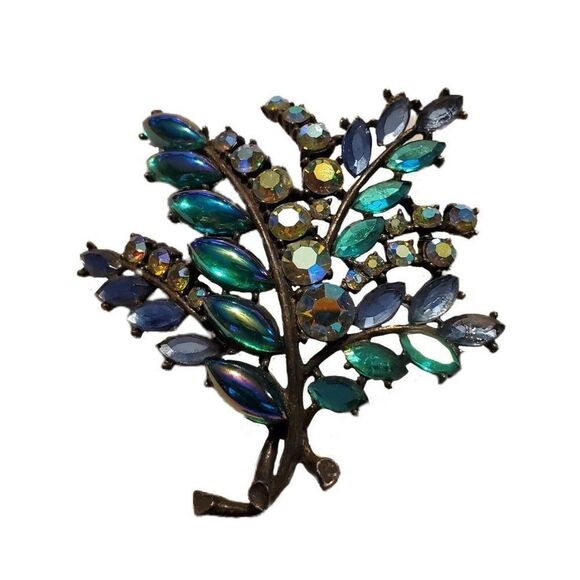 Signed ART Arthur Pepper Peacock Feather Tree Rhinestone Brooch 2 3/4" Vintage - Picture 1 of 6